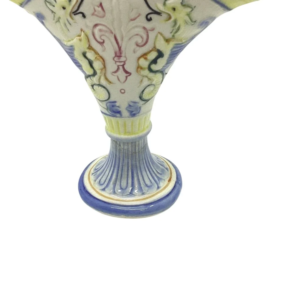 Vintage Maruhon Ware Japan Hand‎ Painted Fan Vase Art Deco Fruit Bow Relief